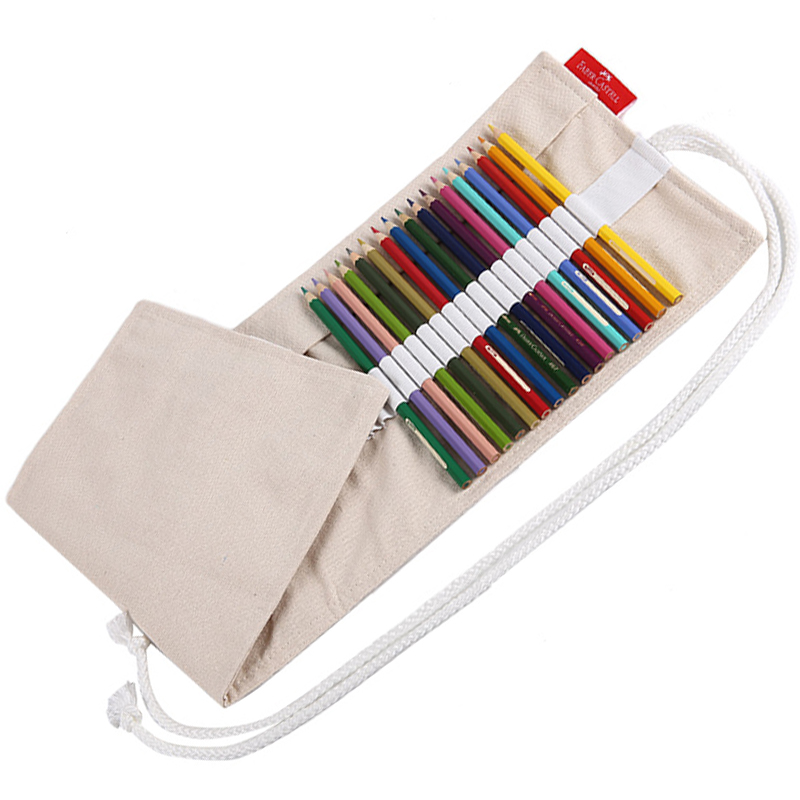 Faber-Castell 64-Hole Colored Pencil Pouch, Roll-Up Fabric Canvas Pencil Case, Sketching Colored Pencil Pouch