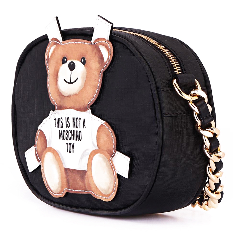 斜跨包】moschino 莫斯奇诺 女士黑色人造革小熊图案链条单肩斜斜挎包
