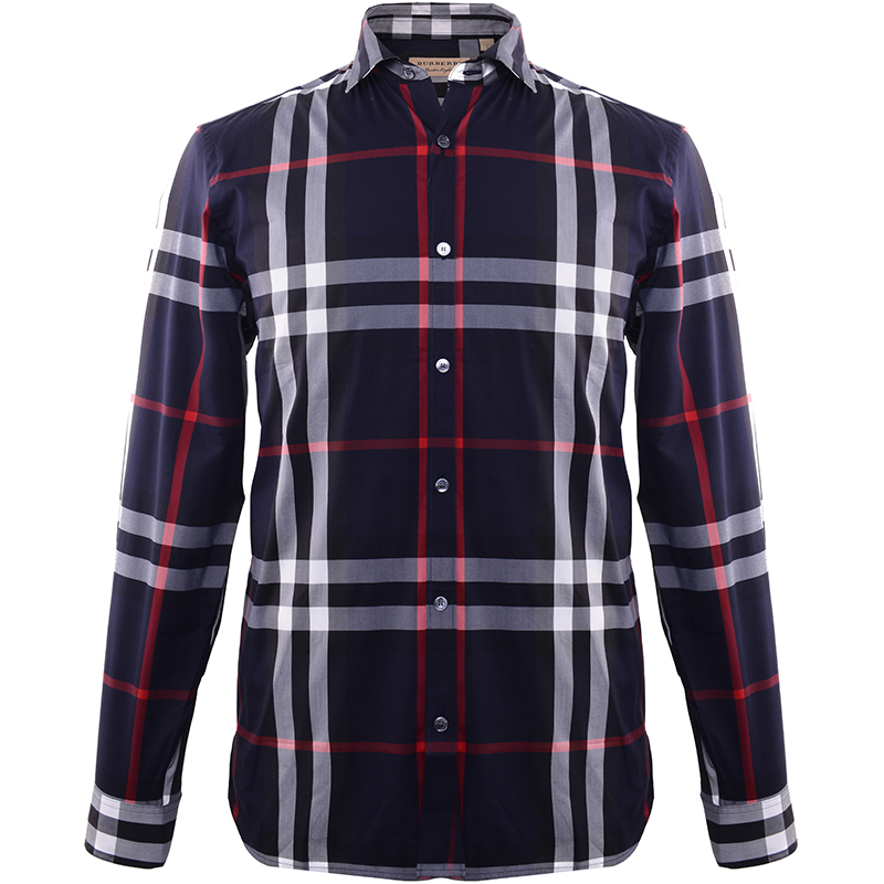 巴宝莉男士黑蓝色格子棉质长袖衬衫