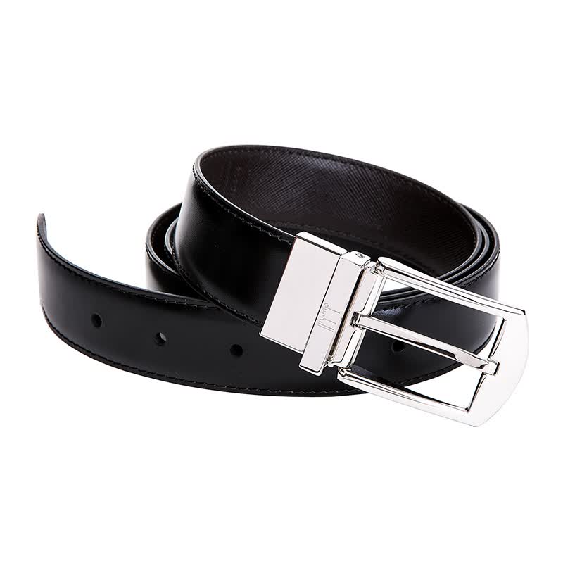 【备件库9成新】dunhill 登喜路 男士黑色牛皮银色扣头针扣腰带 hp