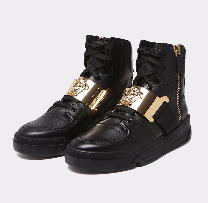 versace 范思哲 男士黑色牛皮金色拉链高帮休闲鞋 dsu6001 dvg3g d41