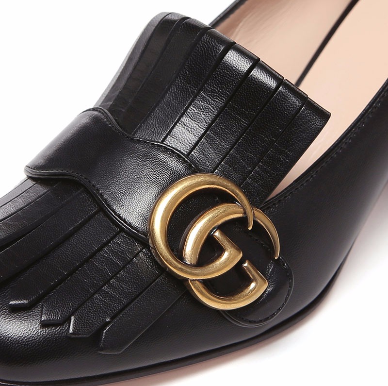 gucci 古驰 gucci女鞋 黑色牛皮双g扣饰时尚女士粗跟鞋 408208 c9d00
