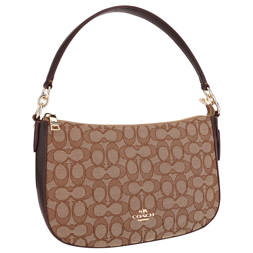 coach蔻驰奢侈品女士卡其棕色帆布配皮单肩斜挎包f37584lic7c