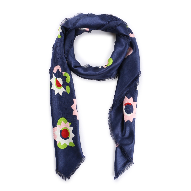 fendi芬迪女士深蓝色花型图案桑蚕丝羊毛方形丝巾fxt0690a5f07yq