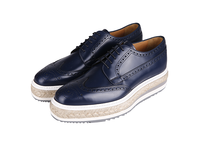 PRADA 普拉达 男士群青蓝牛皮厚底系带织物饰边时尚休闲鞋 2EG015 B4L F073A 6.5/40.5码-京东