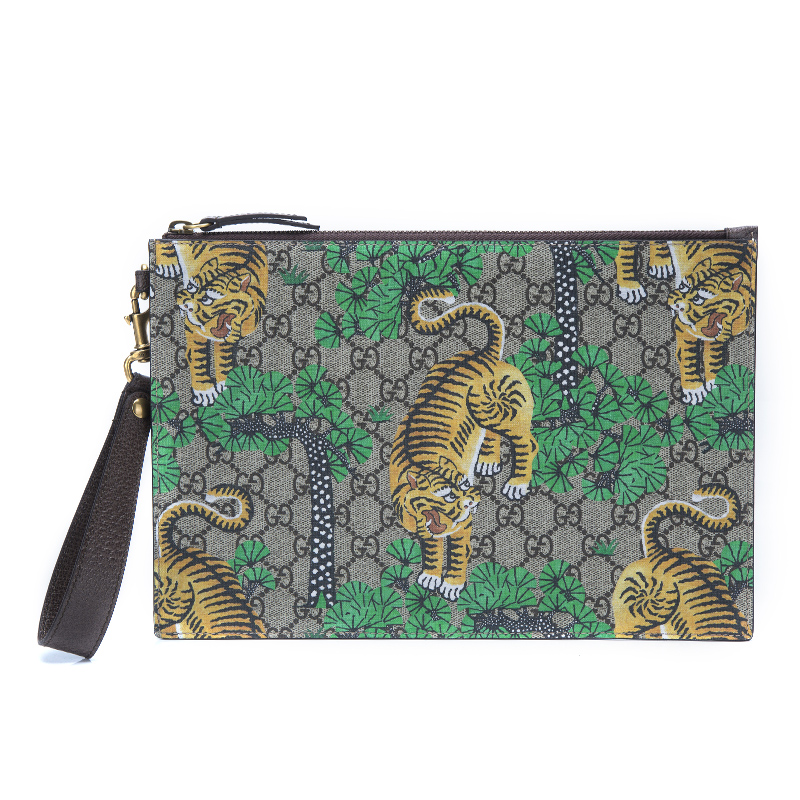 gucci 古驰 gucci男包 乌木色pvc老虎印花男士手拿包 451473 k6d1t