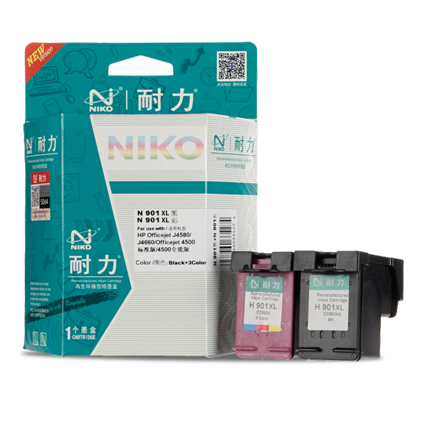 耐力（NIKO）N 901 黑色+彩色 大容量墨盒套装 (适用惠普 Officejet J4580/J4660)-京东
