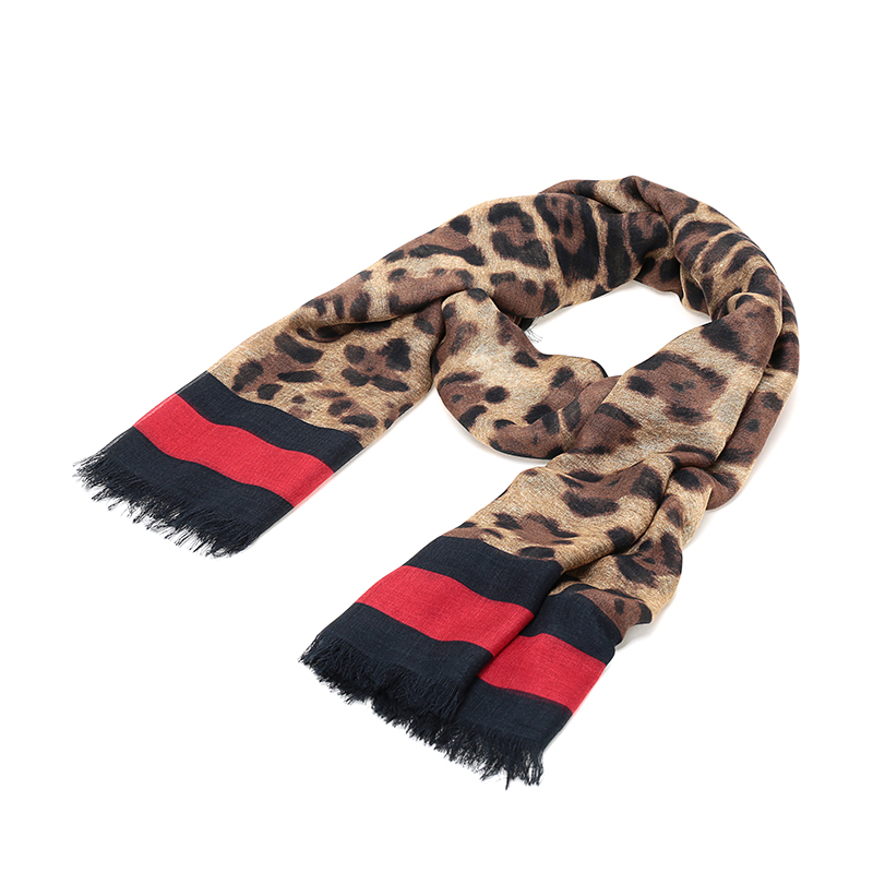 gucci 古驰 女士豹纹图案红蓝饰边混纺围巾 454926 3g856 9868