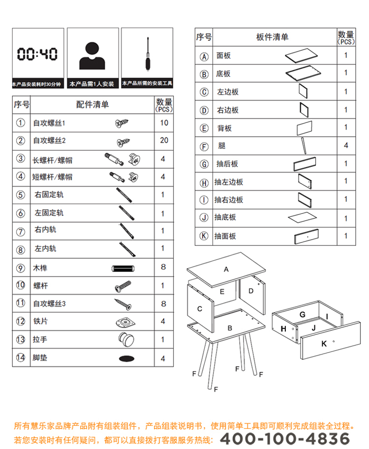 慧乐家 边桌茶几 京东自营艾克妮移动带抽边桌柜边几边柜 简约北欧床头柜  白色 11362-京东