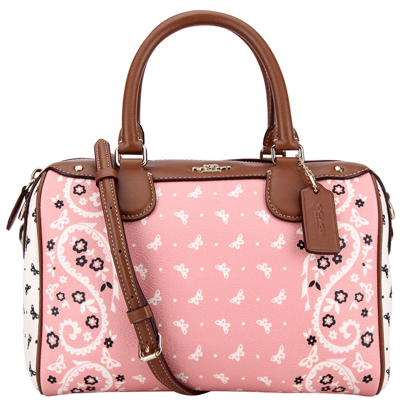 coach 蔻驰 奢侈品 女士粉色拼色印蝴蝶款pvc手提单肩斜挎桶包 f59328
