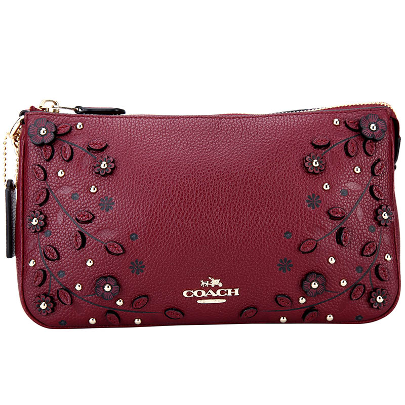 【蔻驰女款手包】coach 蔻驰 女士手拿包 酒红色花朵皮质大号手拎包