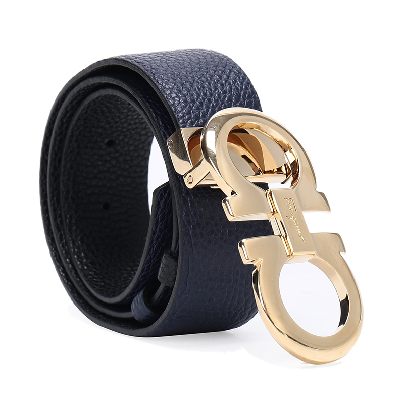 ferragamo 菲拉格慕 女士深蓝色黑色牛皮板扣双面皮带腰带 23a564