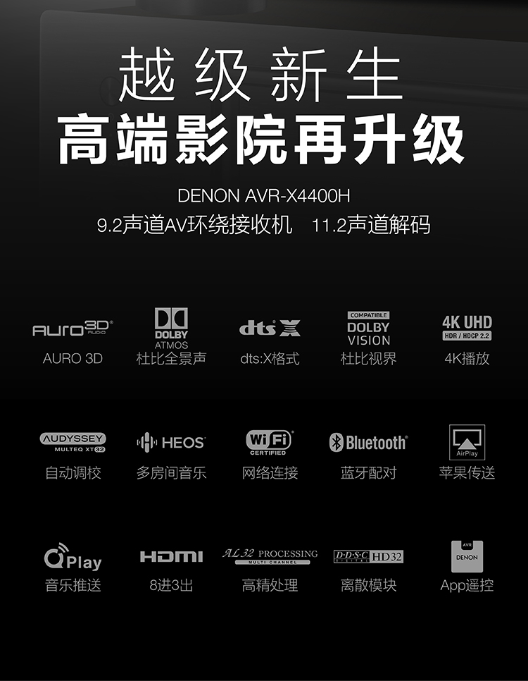 天龙（DENON）AVR-X4400H 音响 音箱 家庭影院 9.2声道AV功放机 4K杜比全景声DTS:X蓝牙WIFI 黑色-京东
