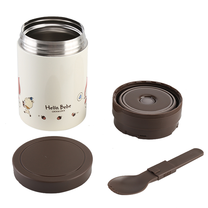 LOCK&LOCK Thermal Food Jar, HelloBeBe Insulated Water Bottle, Student Porridge Container, Stainless Steel Children's Water Jug, Brown, 530ml