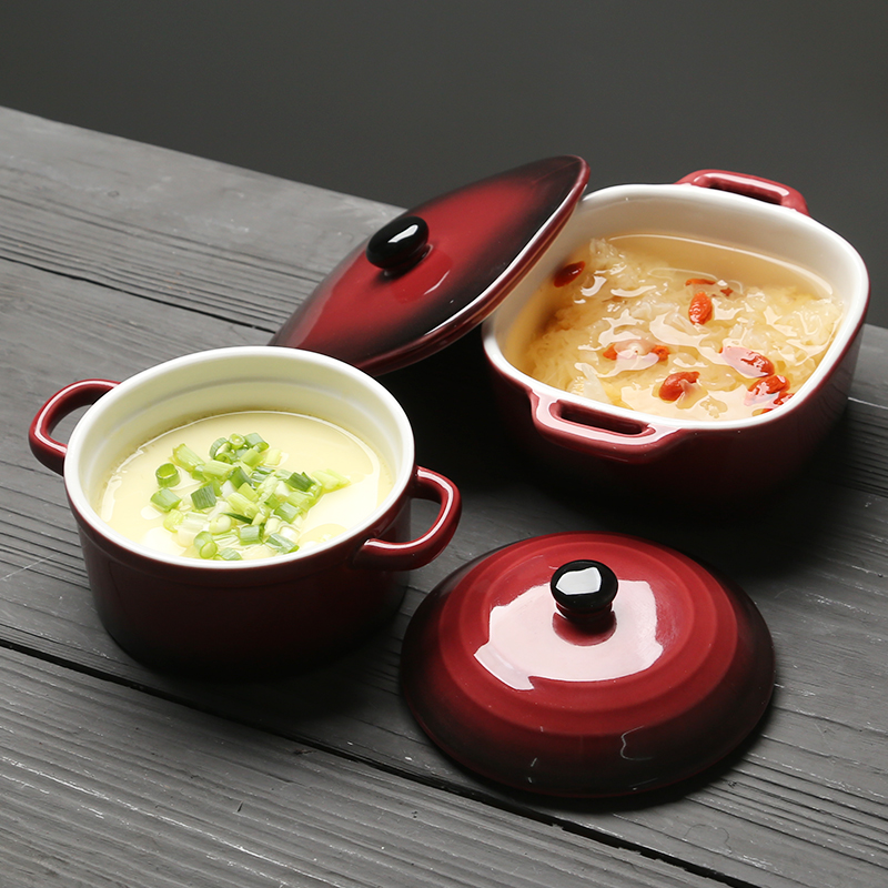 Sushi Ceramic Creative Double-Ear Covered Soup Pot Stew Pot Ceramic Soup Bowl Set of 2 (Reddish-Brown Small Soup Pot, about 350ml)