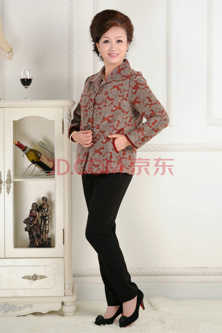 依美中老年女装春装外套老年妈妈装翻领花纹休闲长袖外套上衣1208 01
