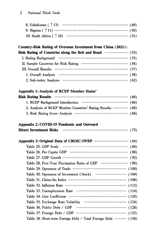 Table of contents: Report of Country-risk Pating of Overseas Investment from China (2021) (ISBN:9787520392679)