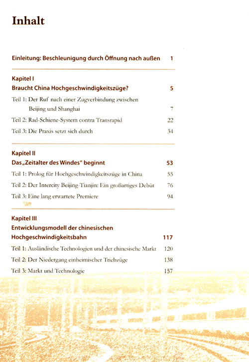 Table of contents: Die Schnellsten Züge der Welt: Die Entwicklung der Hochgeschwindigkeitsbahn in China (ISBN:9787119115719)